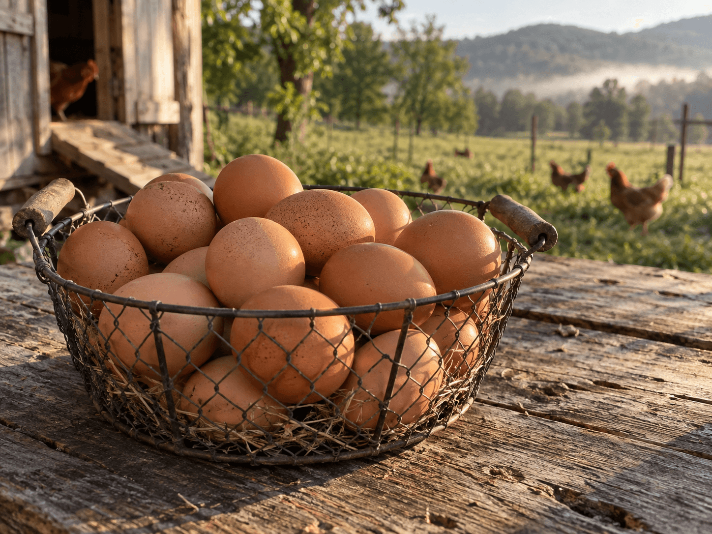 A wire basket filled with traditional brown eggs on a farm table