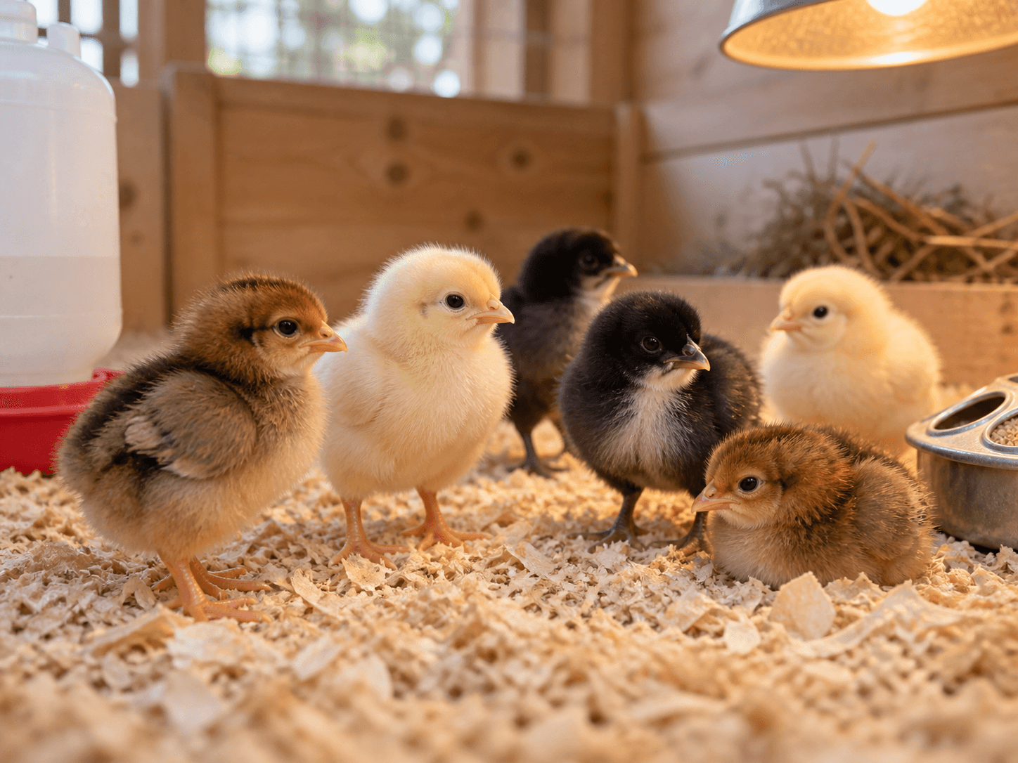Healthy newly hatched chicks in a clean, warm brooder
